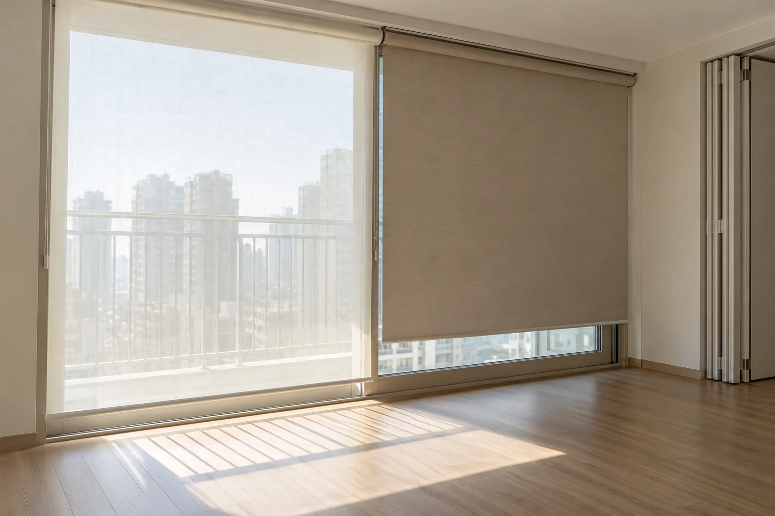 비침 정도가 다른 두 롤블라인드를 비교한 밝은 창