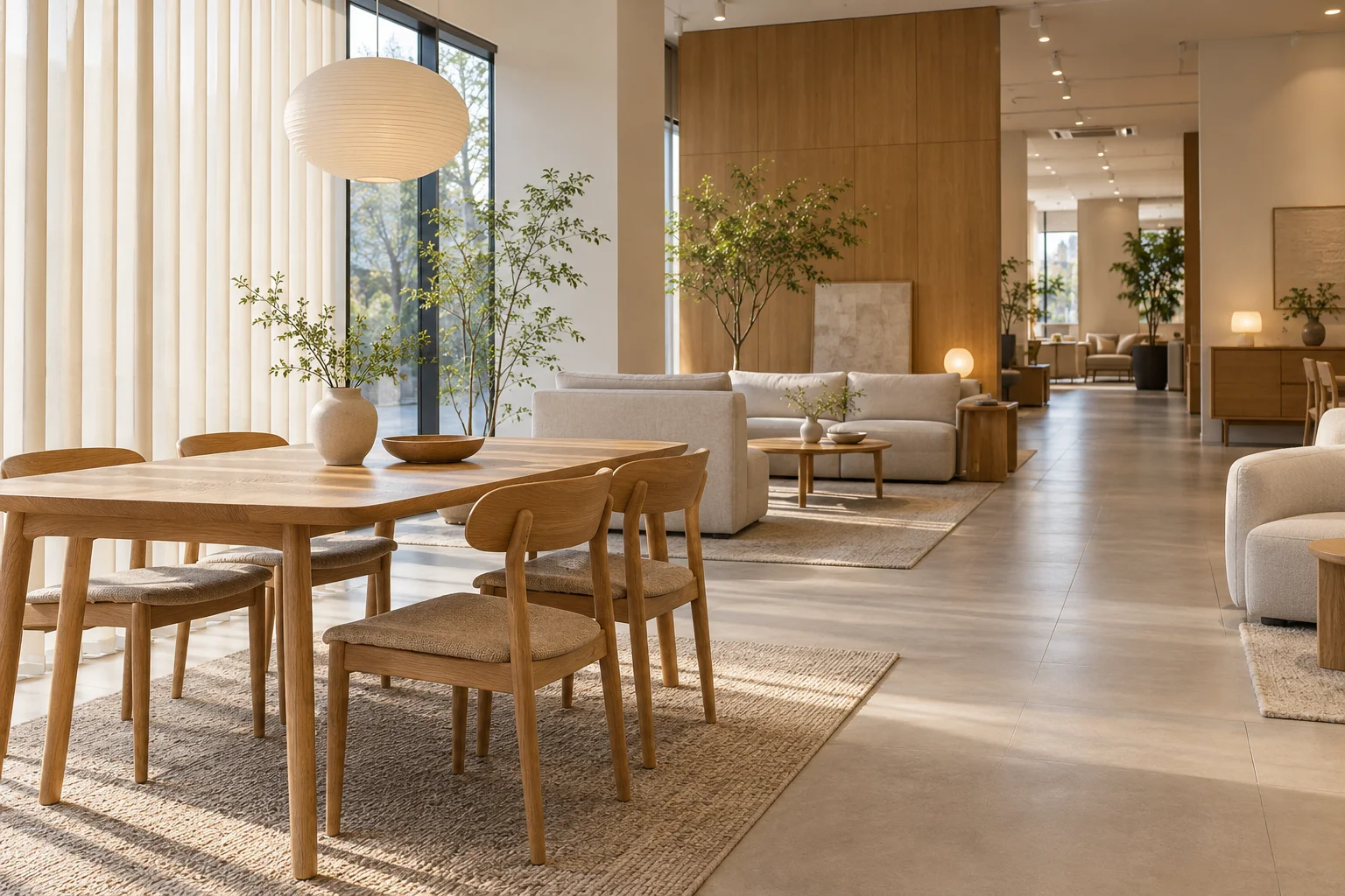 식탁과 소파를 전시한 공간의 밝은 세로 블라인드